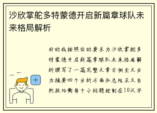 沙欣掌舵多特蒙德开启新篇章球队未来格局解析